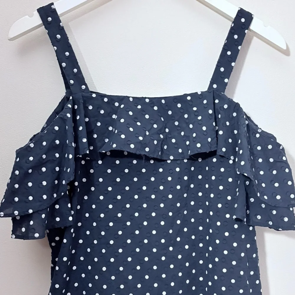 J. Crew Navy Dot Ruffled Off-Shoulder Top - Picture 4 of 8